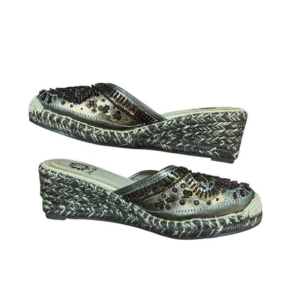 Yellow Box Brown Beaded Espadrille Wedges Size 6.5 - Picture 6 of 7